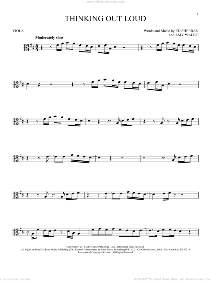 Thinking Out Loud sheet music for viola solo by Ed Sheeran and Amy Wadge, wedding score, intermediate skill level