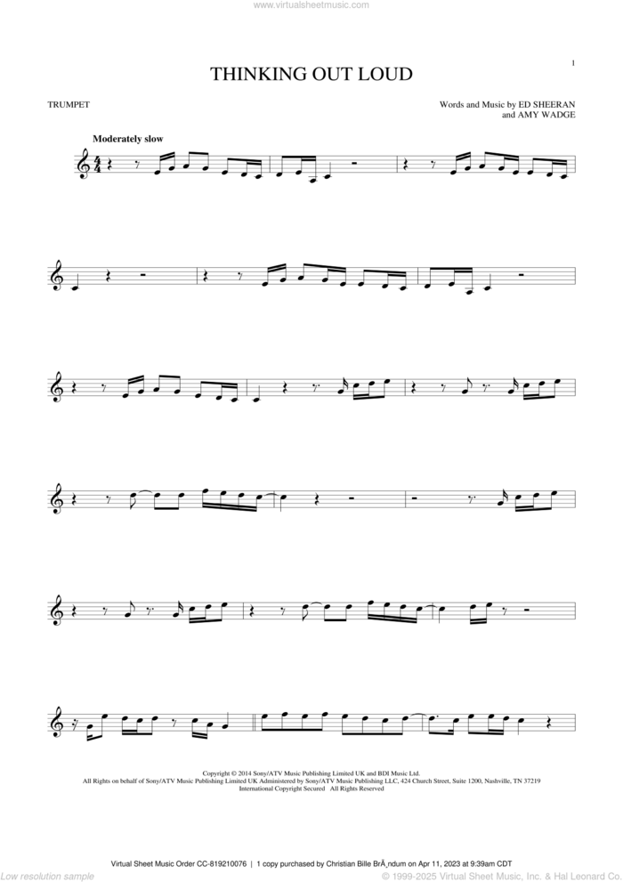 Thinking Out Loud sheet music for trumpet solo by Ed Sheeran and Amy Wadge, wedding score, intermediate skill level