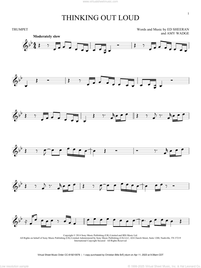 Thinking Out Loud sheet music for trumpet solo by Ed Sheeran and Amy Wadge, wedding score, intermediate skill level