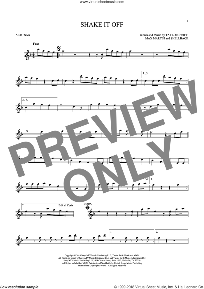 Shake It Off sheet music for alto saxophone solo by Taylor Swift, Johan Schuster, Max Martin and Shellback, intermediate skill level