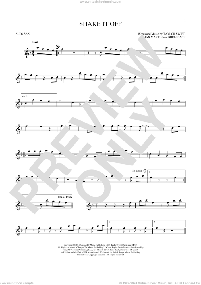 Shake It Off sheet music for alto saxophone solo by Taylor Swift, Johan Schuster, Max Martin and Shellback, intermediate skill level