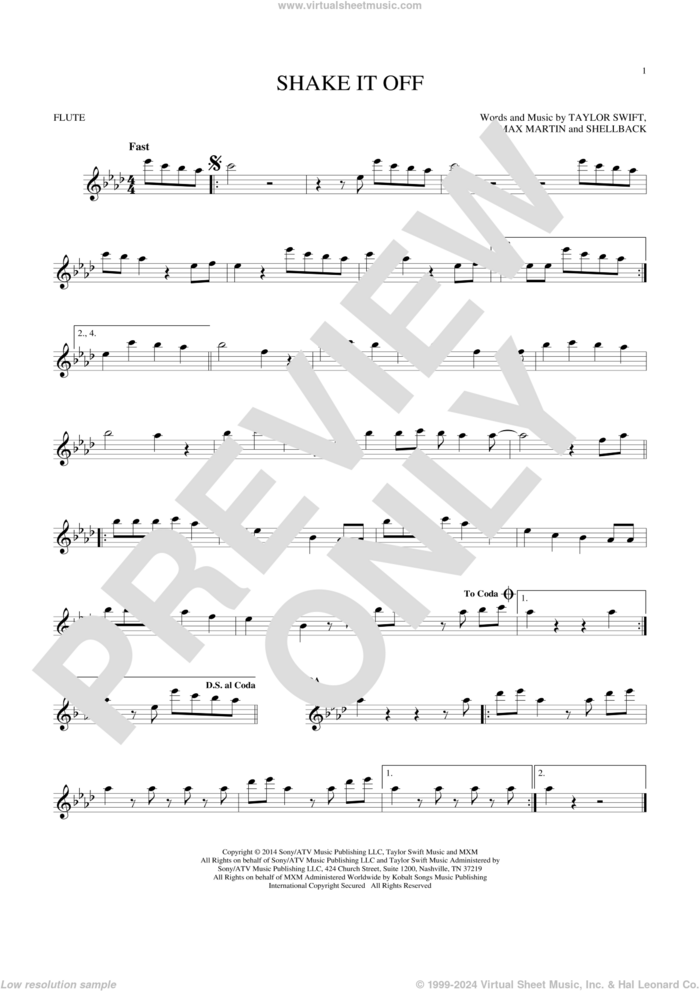 Shake It Off sheet music for flute solo by Taylor Swift, Johan Schuster, Max Martin and Shellback, intermediate skill level