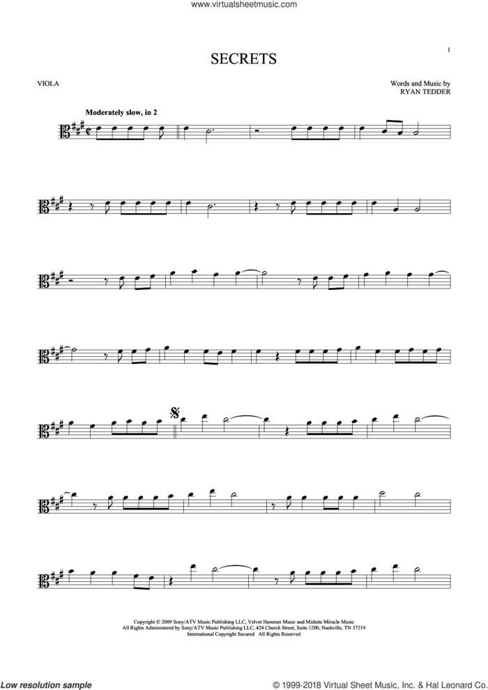 Secrets sheet music for viola solo by OneRepublic and Ryan Tedder, intermediate skill level