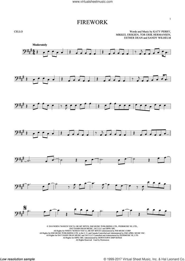 Firework sheet music for cello solo by Katy Perry, Ester Dean, Mikkel Eriksen, Sandy Wilhelm and Tor Erik Hermansen, intermediate skill level