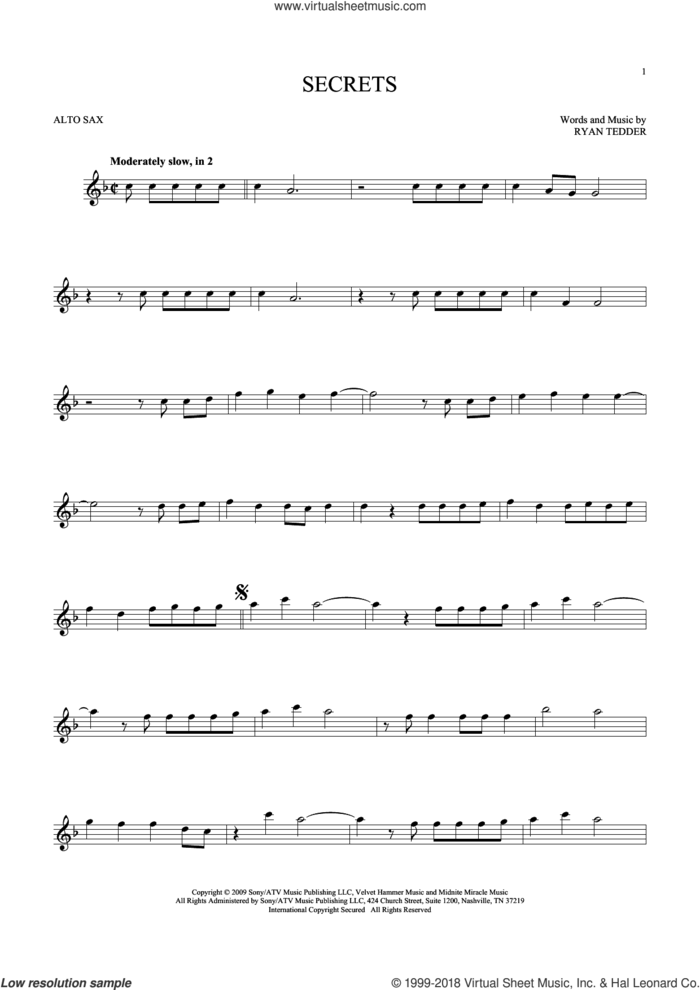 Secrets sheet music for alto saxophone solo by OneRepublic and Ryan Tedder, intermediate skill level