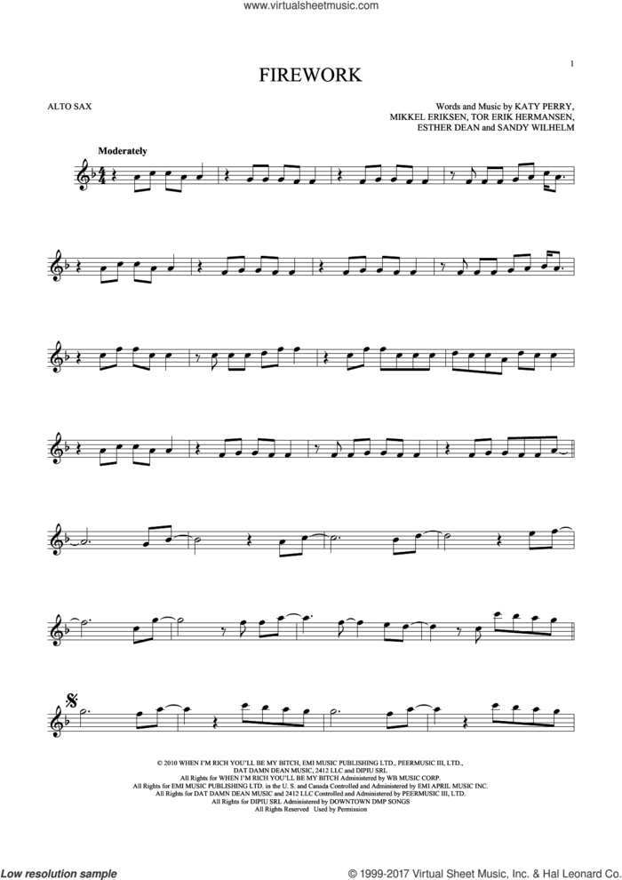 Firework sheet music for alto saxophone solo by Katy Perry, Ester Dean, Mikkel Eriksen, Sandy Wilhelm and Tor Erik Hermansen, intermediate skill level