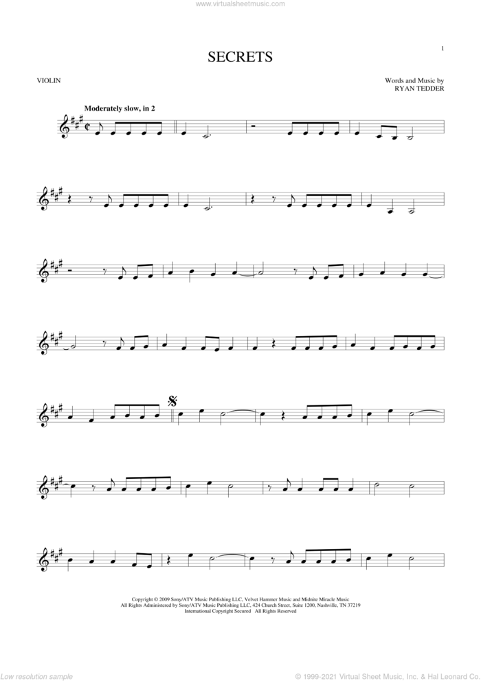 Secrets sheet music for violin solo by OneRepublic and Ryan Tedder, intermediate skill level