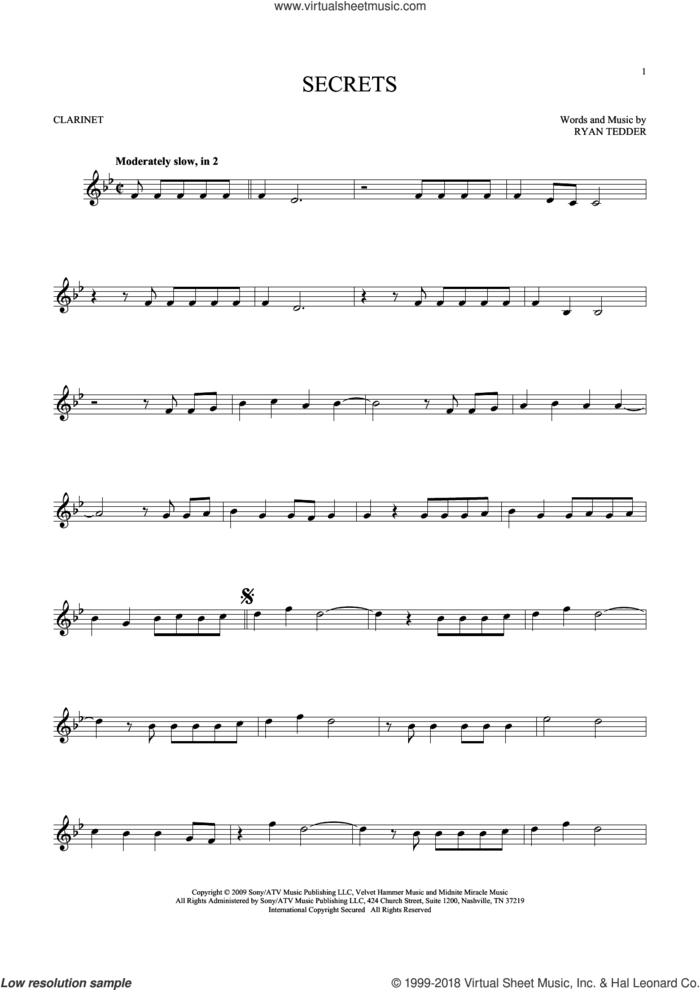 Secrets sheet music for clarinet solo by OneRepublic and Ryan Tedder, intermediate skill level