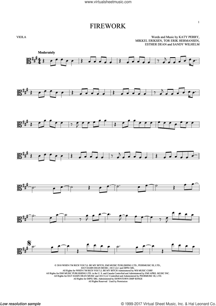 Firework sheet music for viola solo by Katy Perry, Ester Dean, Mikkel Eriksen, Sandy Wilhelm and Tor Erik Hermansen, intermediate skill level