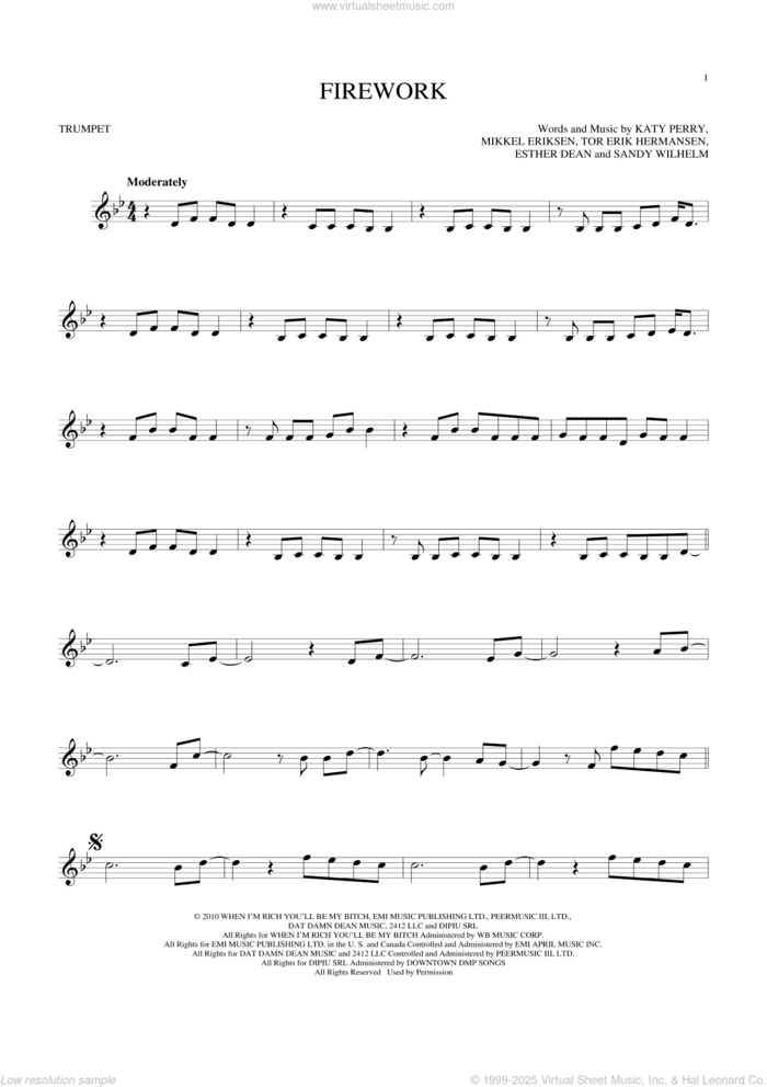 Firework sheet music for trumpet solo by Katy Perry, Ester Dean, Mikkel Eriksen, Sandy Wilhelm and Tor Erik Hermansen, intermediate skill level