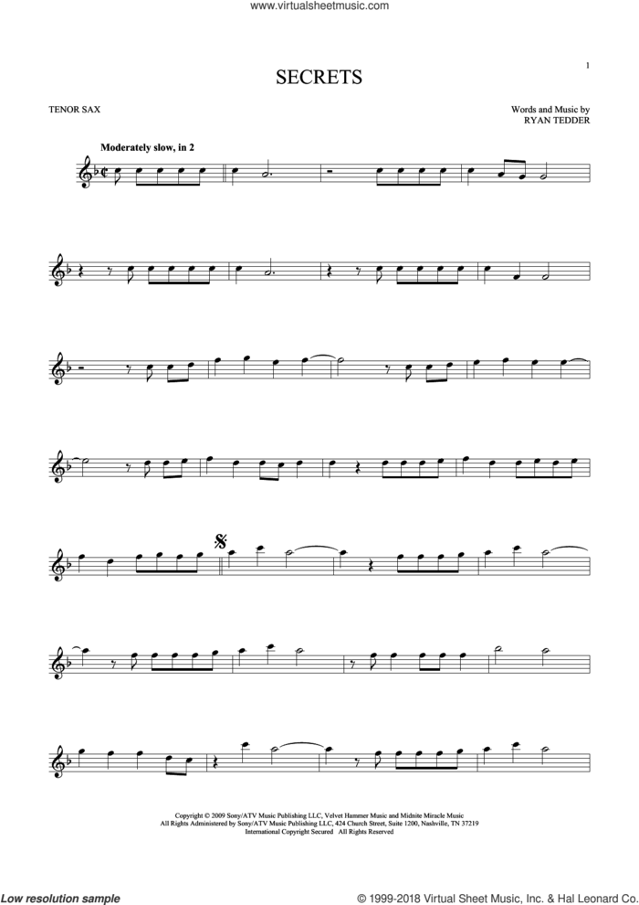 Secrets sheet music for tenor saxophone solo by OneRepublic and Ryan Tedder, intermediate skill level