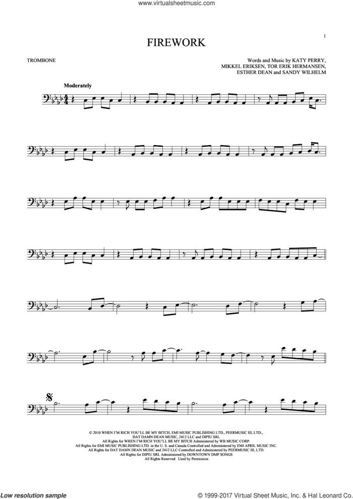 Firework sheet music for trombone solo by Katy Perry, Ester Dean, Mikkel Eriksen, Sandy Wilhelm and Tor Erik Hermansen, intermediate skill level