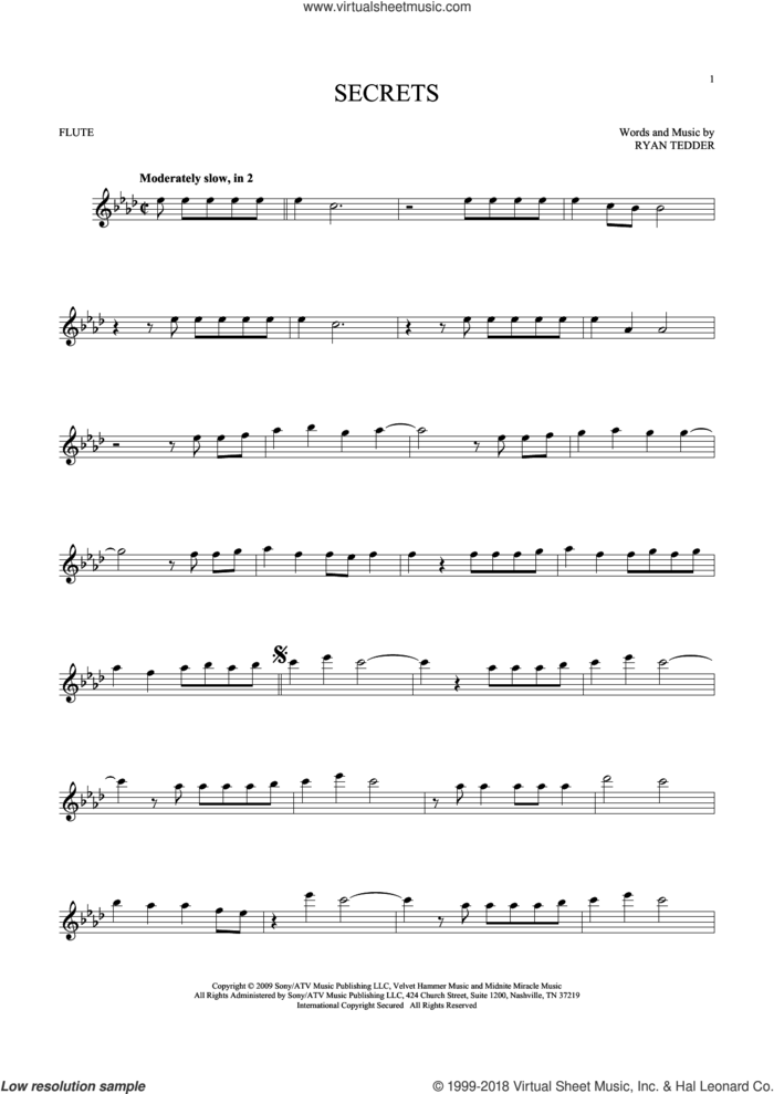 Secrets sheet music for flute solo by OneRepublic and Ryan Tedder, intermediate skill level
