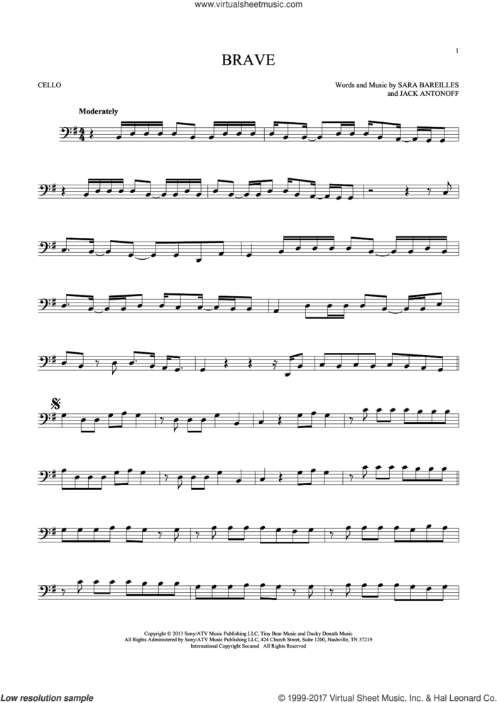 Brave sheet music for cello solo by Sara Bareilles and Jack Antonoff, intermediate skill level