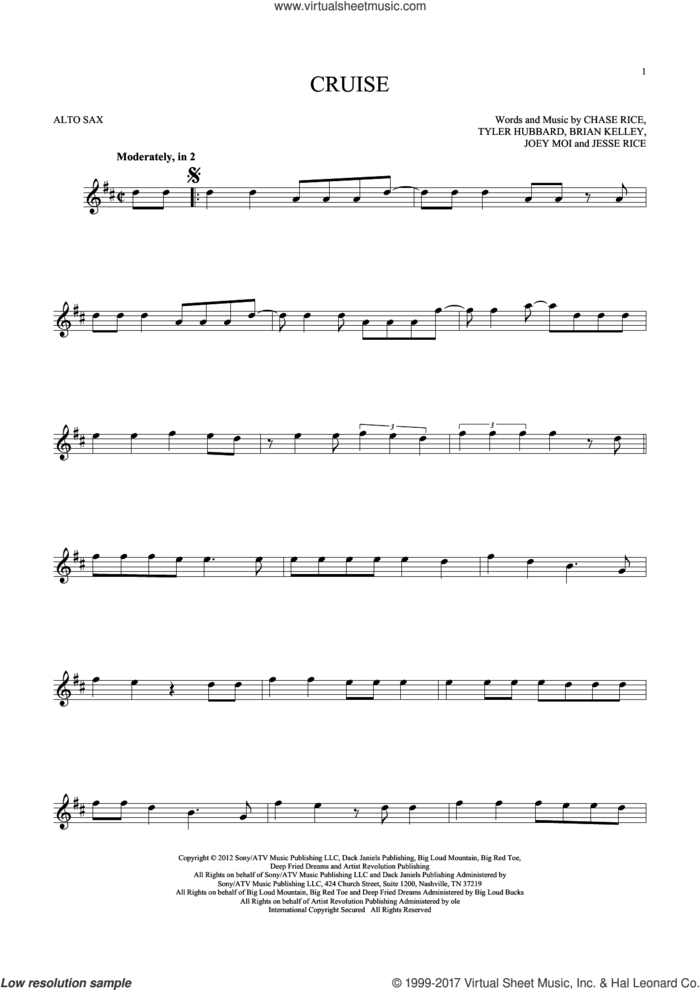 Cruise sheet music for alto saxophone solo by Florida Georgia Line, Brian Kelley, Chase Rice, Jesse Rice, Joey Moi and Tyler Hubbard, intermediate skill level