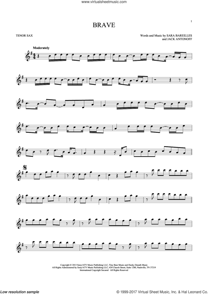 Brave sheet music for tenor saxophone solo by Sara Bareilles and Jack Antonoff, intermediate skill level