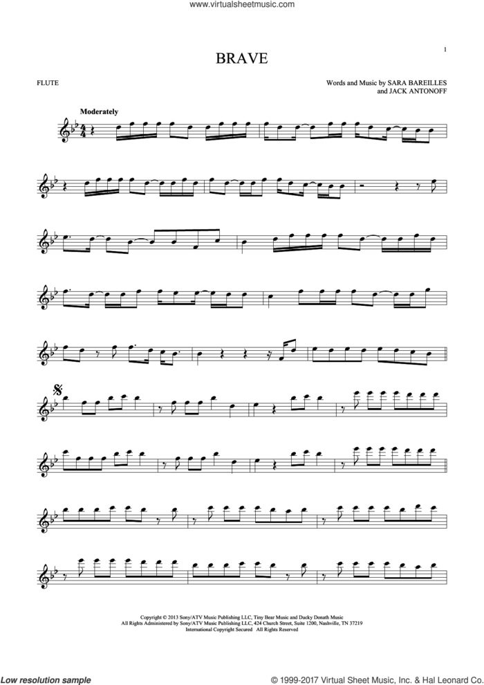 Brave sheet music for flute solo by Sara Bareilles and Jack Antonoff, intermediate skill level