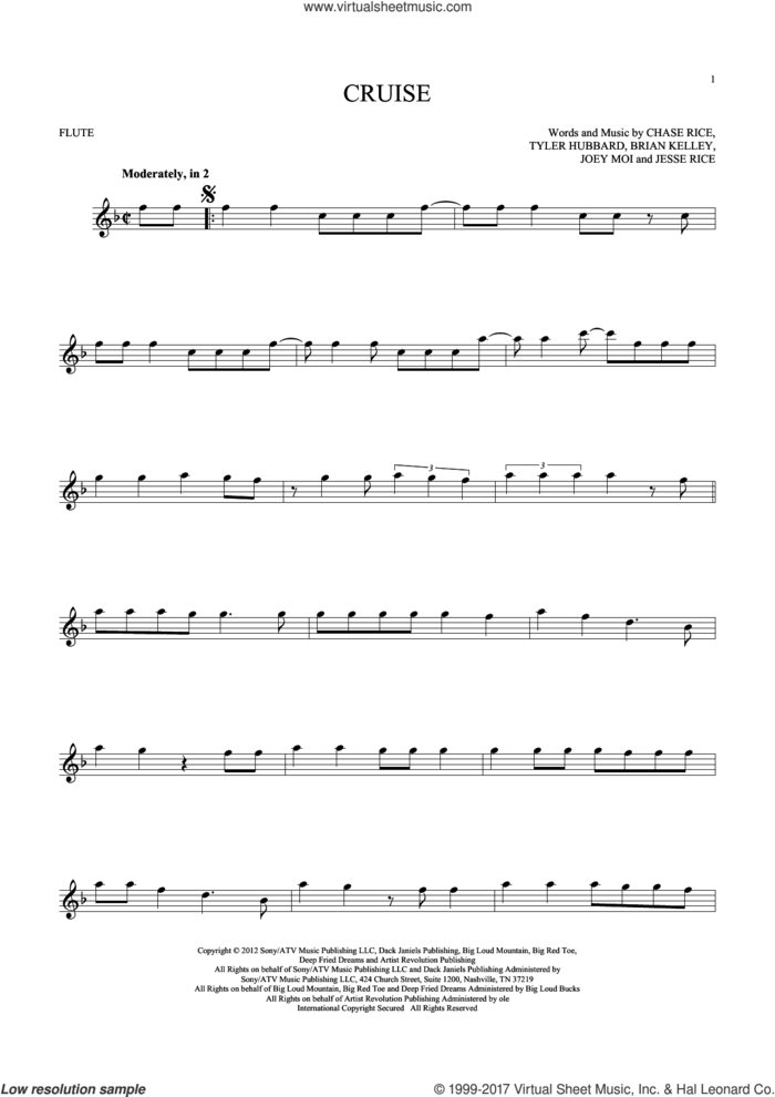 Cruise sheet music for flute solo by Florida Georgia Line, Brian Kelley, Chase Rice, Jesse Rice, Joey Moi and Tyler Hubbard, intermediate skill level