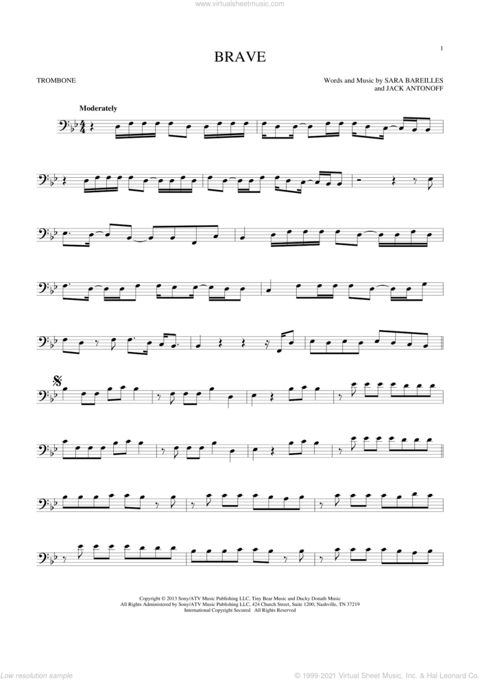 Brave sheet music for trombone solo by Sara Bareilles and Jack Antonoff, intermediate skill level