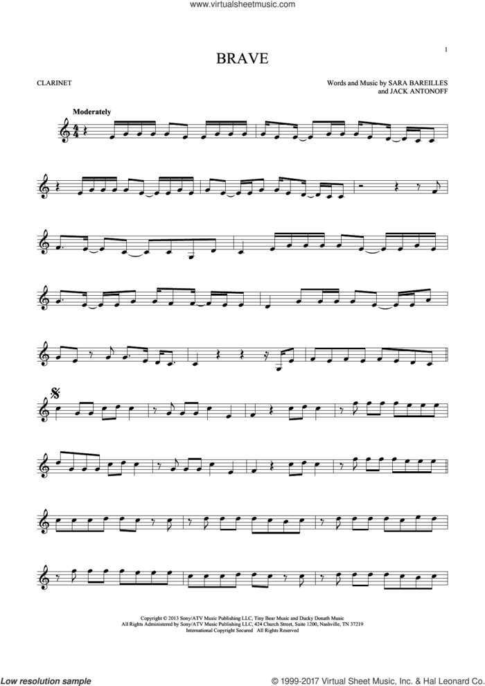 Brave sheet music for clarinet solo by Sara Bareilles and Jack Antonoff, intermediate skill level