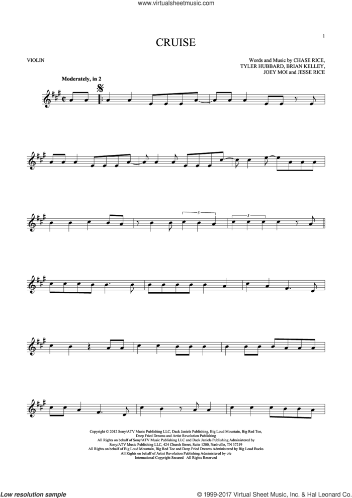 Cruise sheet music for violin solo by Florida Georgia Line, Brian Kelley, Chase Rice, Jesse Rice, Joey Moi and Tyler Hubbard, intermediate skill level