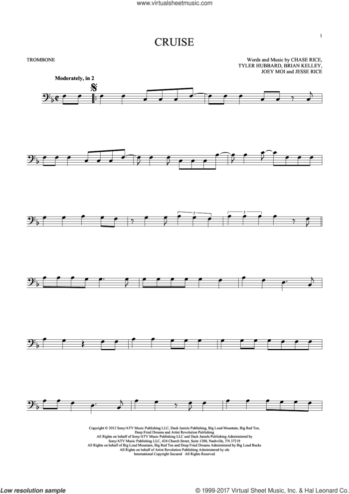 Cruise sheet music for trombone solo by Florida Georgia Line, Brian Kelley, Chase Rice, Jesse Rice, Joey Moi and Tyler Hubbard, intermediate skill level