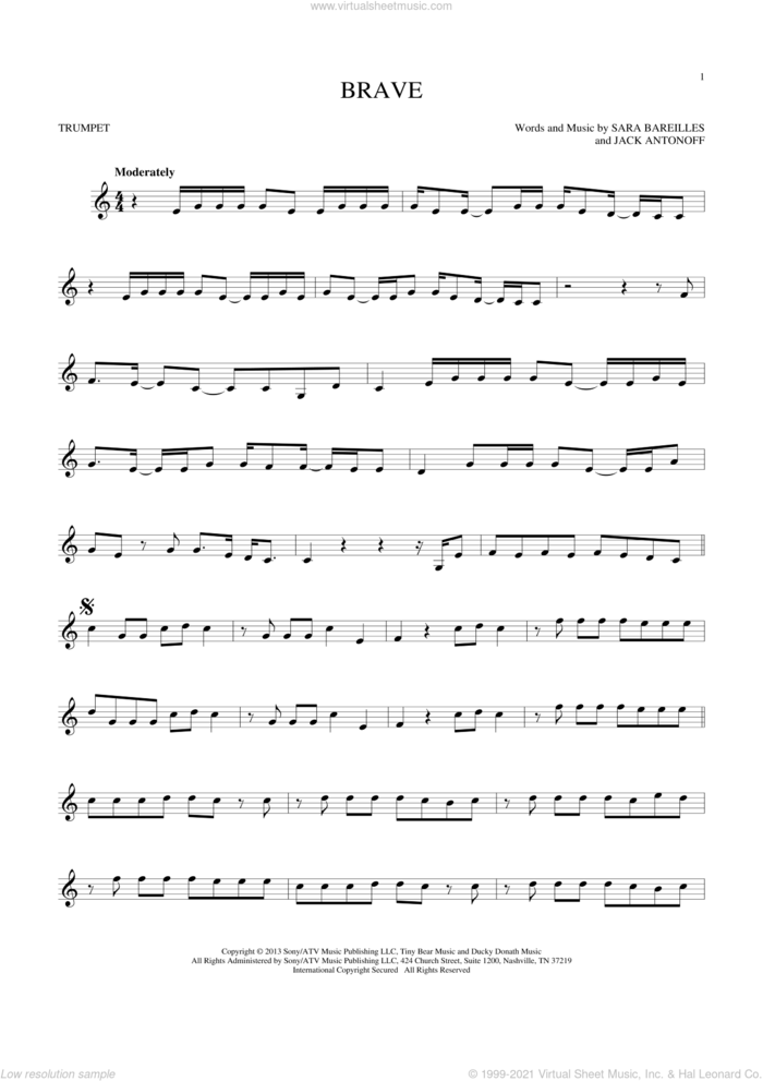 Brave sheet music for trumpet solo by Sara Bareilles and Jack Antonoff, intermediate skill level