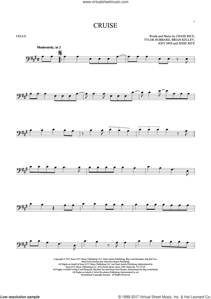 Cruise sheet music for cello solo by Florida Georgia Line, Brian Kelley, Chase Rice, Jesse Rice, Joey Moi and Tyler Hubbard, intermediate skill level