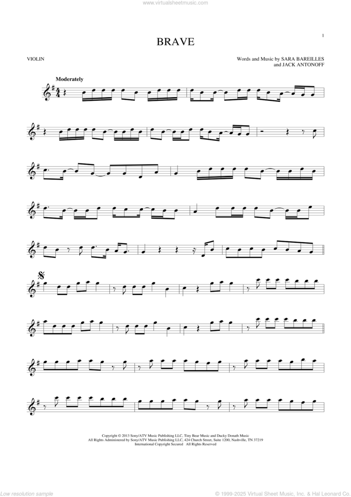 Brave sheet music for violin solo by Sara Bareilles and Jack Antonoff, intermediate skill level