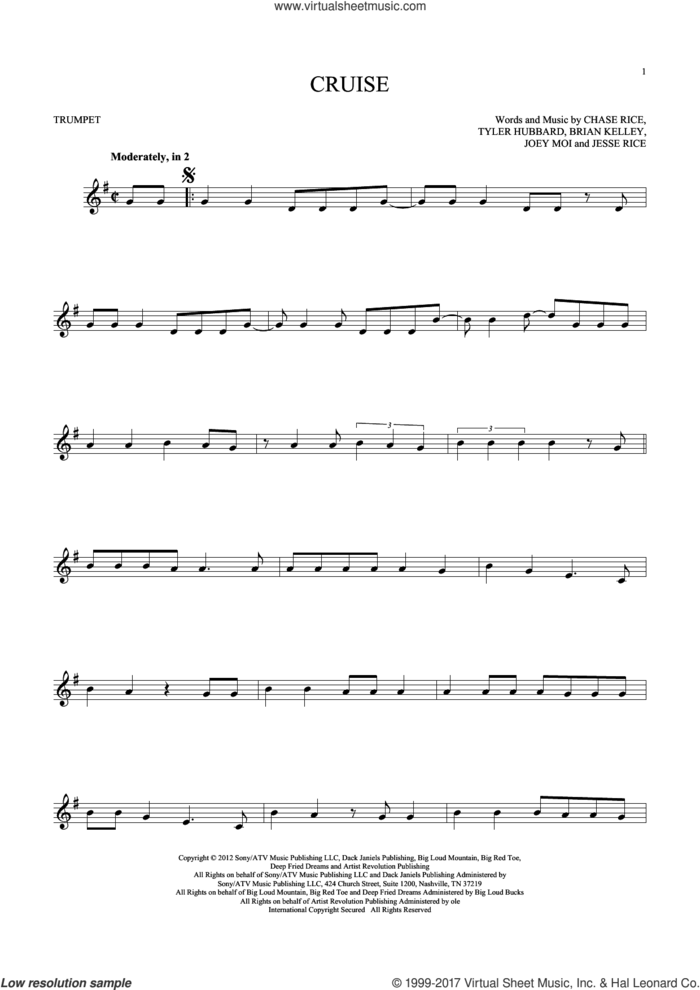Cruise sheet music for trumpet solo by Florida Georgia Line, Brian Kelley, Chase Rice, Jesse Rice, Joey Moi and Tyler Hubbard, intermediate skill level
