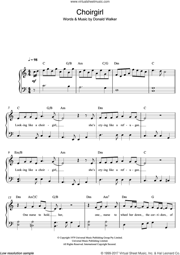 Choirgirl sheet music for piano solo by Cold Chisel, easy skill level