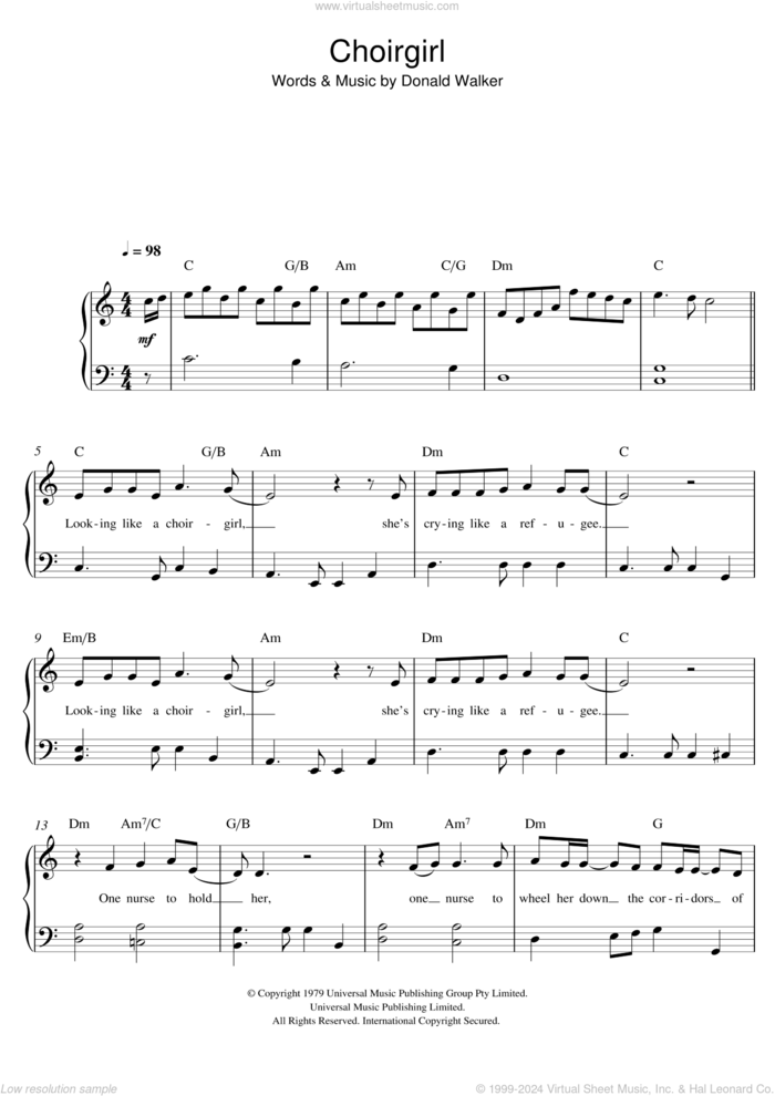 Choirgirl sheet music for piano solo by Cold Chisel, easy skill level