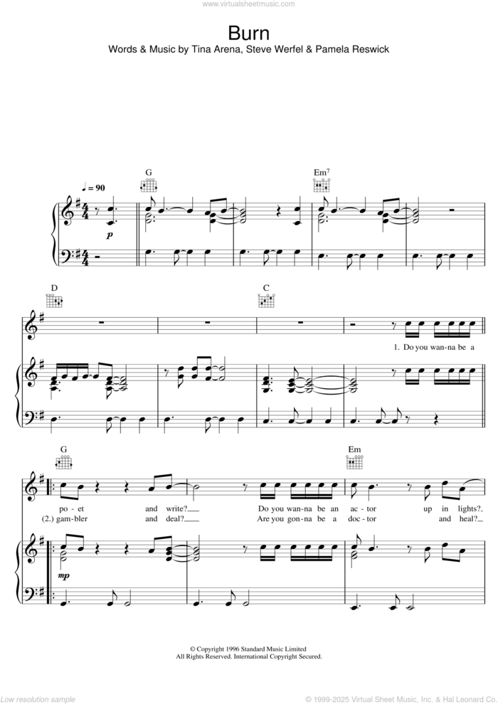 Burn sheet music for voice, piano or guitar by Tina Arena, intermediate skill level