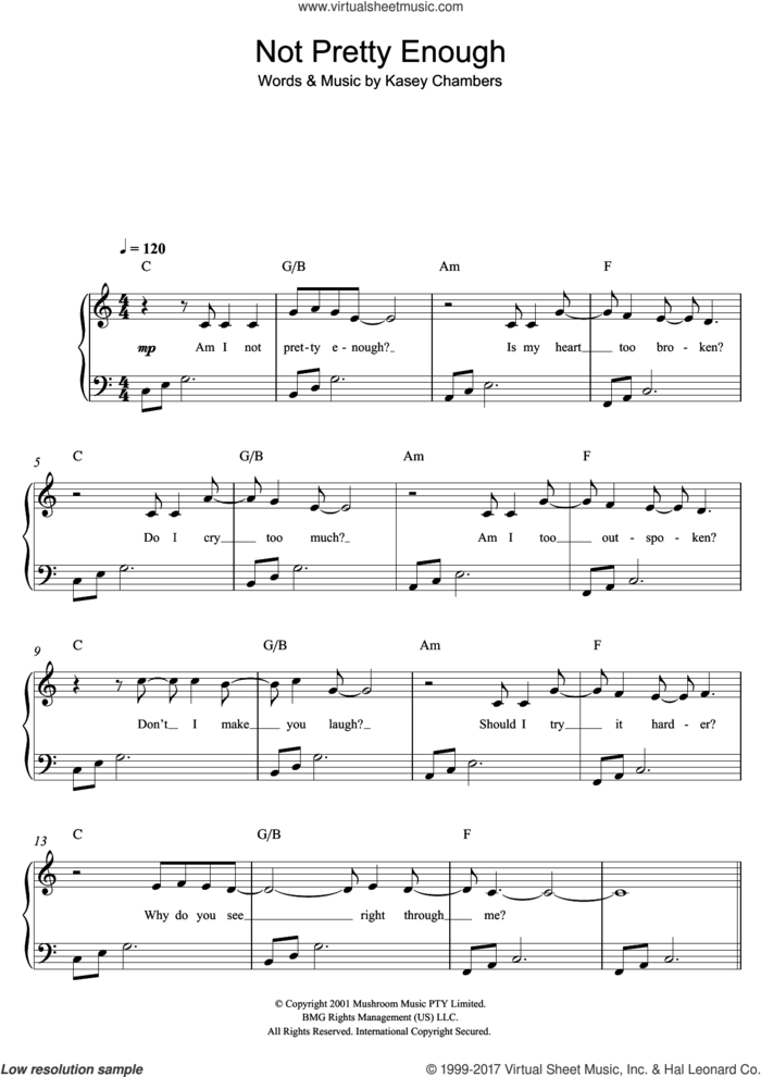 Not Pretty Enough sheet music for piano solo by Kasey Chambers, easy skill level