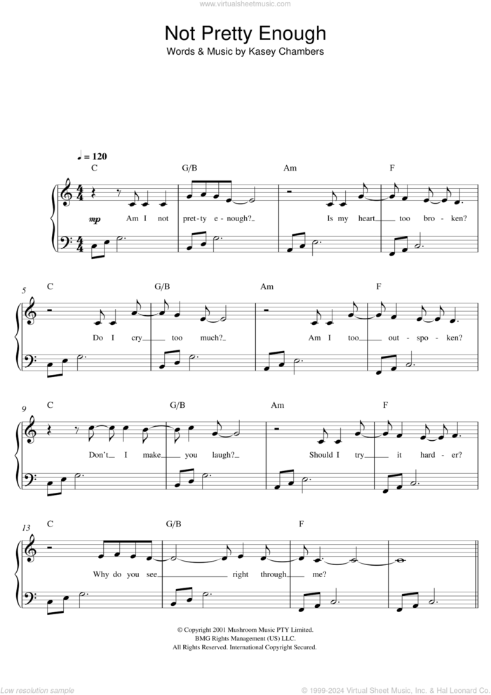 Not Pretty Enough sheet music for piano solo by Kasey Chambers, easy skill level