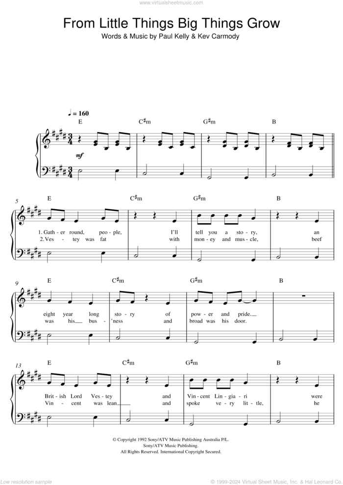 From Little Things Big Things Grow sheet music for piano solo by Paul Kelly, easy skill level