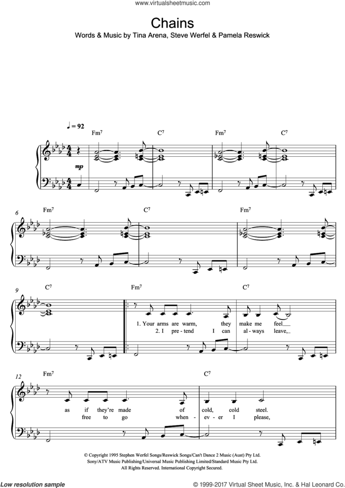 Chains sheet music for piano solo by Tina Arena, easy skill level