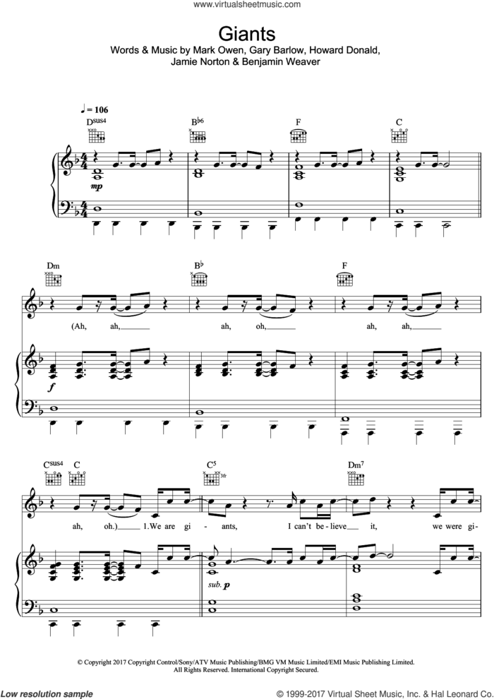 Giants sheet music for voice, piano or guitar by Take That, intermediate skill level
