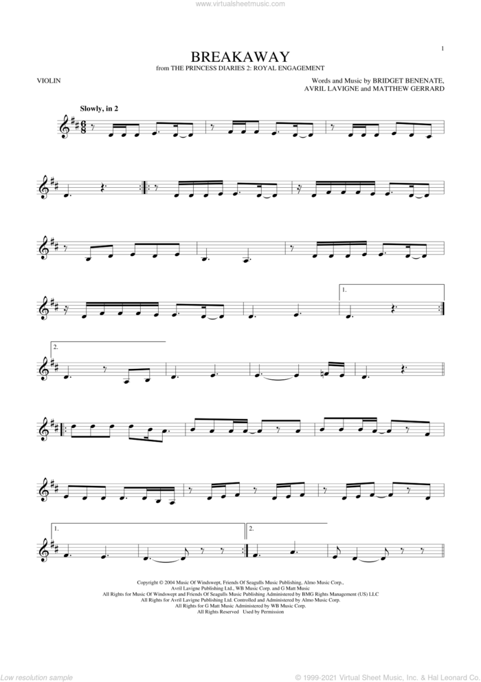 Breakaway sheet music for violin solo by Kelly Clarkson, Miscellaneous, Avril Lavigne, Bridget Benenate and Matthew Gerrard, intermediate skill level