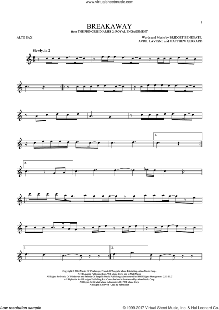 Breakaway sheet music for alto saxophone solo by Kelly Clarkson, Avril Lavigne, Bridget Benenate and Matthew Gerrard, intermediate skill level