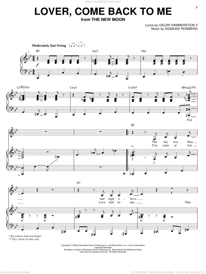 Lover, Come Back To Me sheet music for voice, piano or guitar by Barbra Streisand, Oscar II Hammerstein and Sigmund Romberg, intermediate skill level