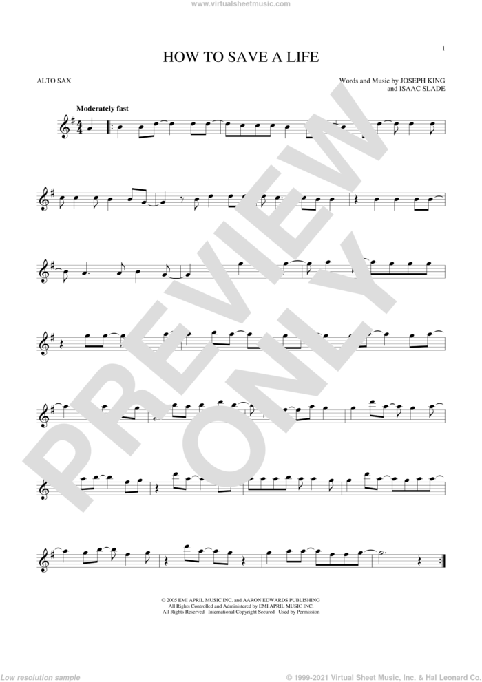 How To Save A Life sheet music for alto saxophone solo by The Fray, Isaac Slade and Joseph King, intermediate skill level