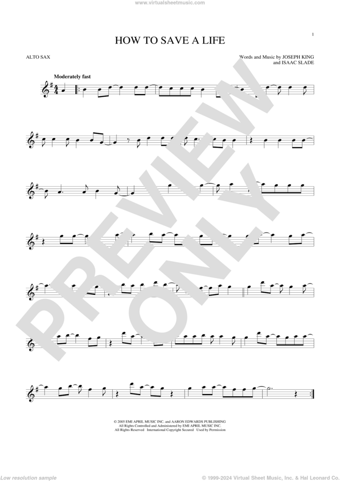 How To Save A Life sheet music for alto saxophone solo by The Fray, Isaac Slade and Joseph King, intermediate skill level