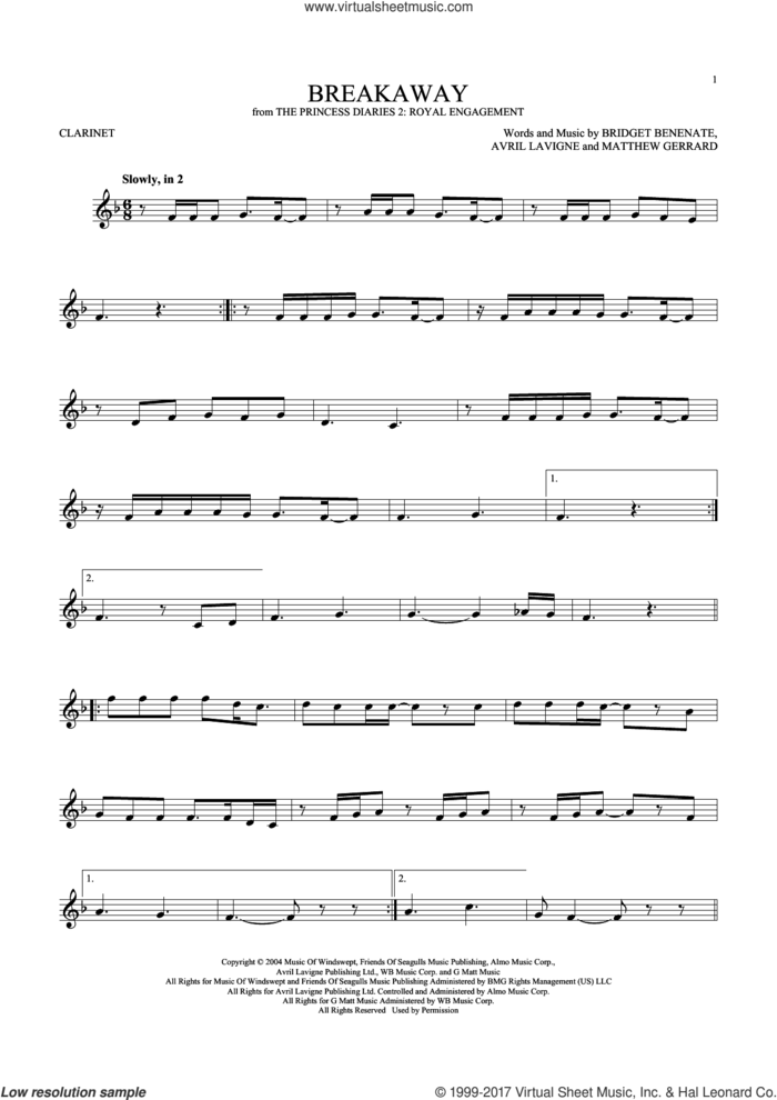 Breakaway sheet music for clarinet solo by Kelly Clarkson, Avril Lavigne, Bridget Benenate and Matthew Gerrard, intermediate skill level