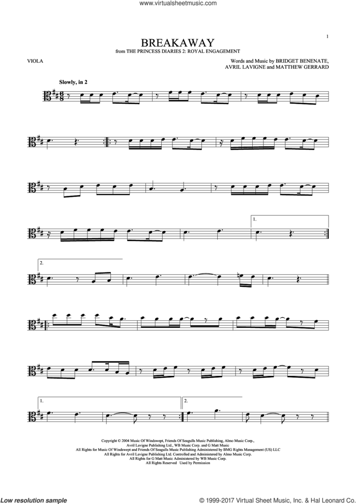 Breakaway sheet music for viola solo by Kelly Clarkson, Avril Lavigne, Bridget Benenate and Matthew Gerrard, intermediate skill level