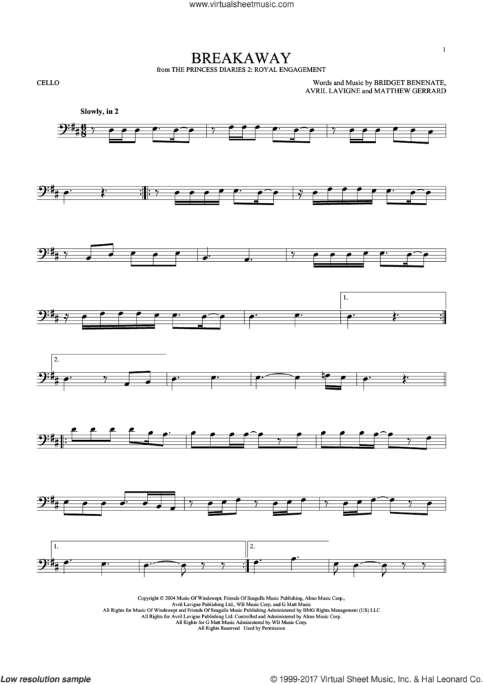 Breakaway sheet music for cello solo by Kelly Clarkson, Avril Lavigne, Bridget Benenate and Matthew Gerrard, intermediate skill level
