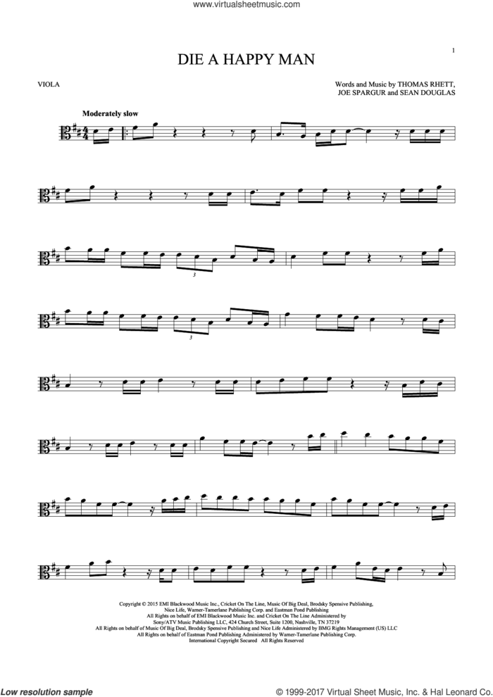 Die A Happy Man sheet music for viola solo by Thomas Rhett, Joe Spargur and Sean Douglas, intermediate skill level