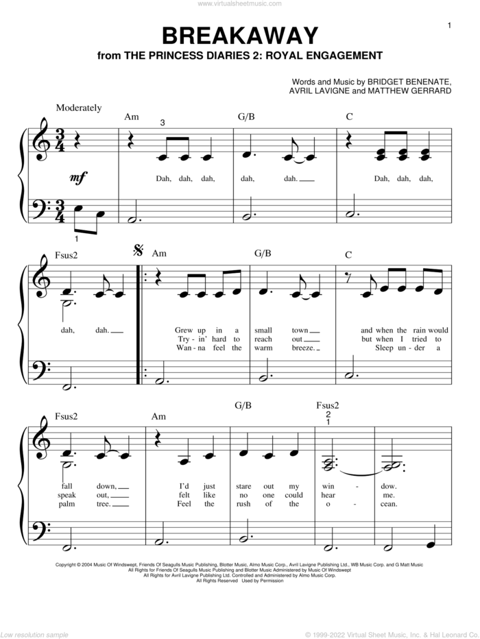 Breakaway sheet music for piano solo (big note book) by Kelly Clarkson, Avril Lavigne, Bridget Benenate and Matthew Gerrard, easy piano (big note book)