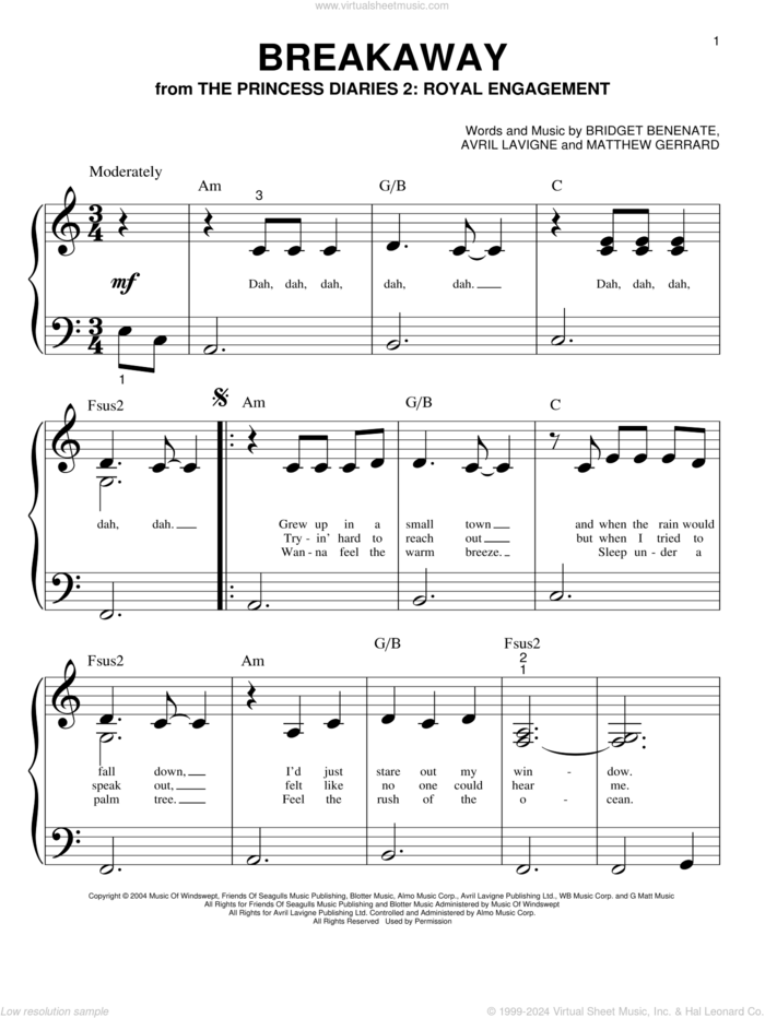 Breakaway sheet music for piano solo (big note book) by Kelly Clarkson, Avril Lavigne, Bridget Benenate and Matthew Gerrard, easy piano (big note book)