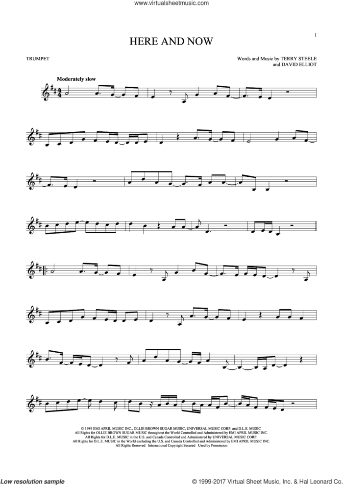 Here And Now sheet music for trumpet solo by Luther Vandross, David Elliot and Terry Steele, wedding score, intermediate skill level